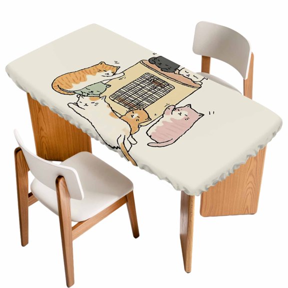 Beige Cute Cat Table Cloths for 5 Foot Rectangle Tables, Cartoon Funny Heater Cats Patio Waterproof Elastic Fitted Tablecloths, Washable Rectangular Table Cover for Camping