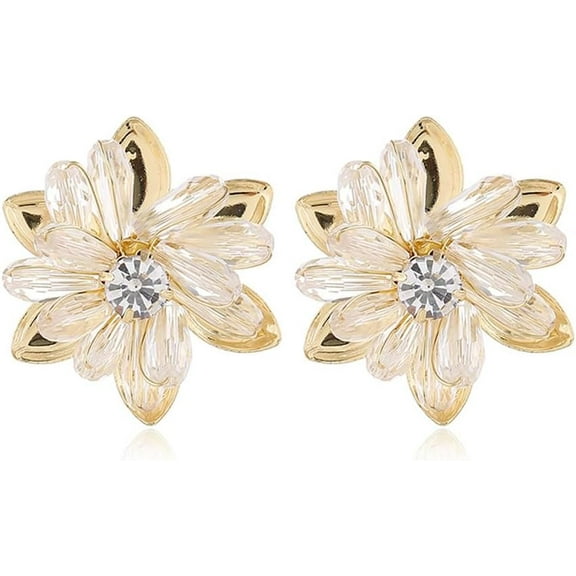 Crystal Gold Flower Stud Earrings for Women Gold Plated Rhinestone CZ Cherry Blossom Studs Earring Hypoallergenic Elegant Wedding Holiday Jewelry