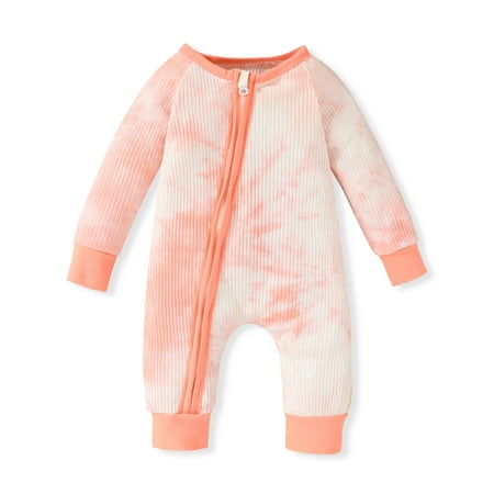 

GRNSHTS Infant Baby Girl Boy Tie Dye Zipper Romper Ribbed Knitted Long Sleeve Jumpsuit Fall Winter Clothes Outfits (Orange 12-18 Months)