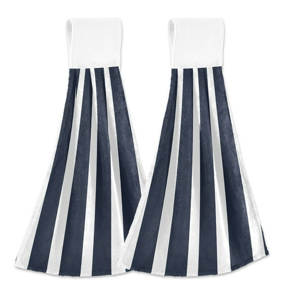 2 Pcs Kitchen Hand Towels with Hanging Loops Absorbent Soft Fast Drying Decor Bath Towels Navy Blue and White Striped