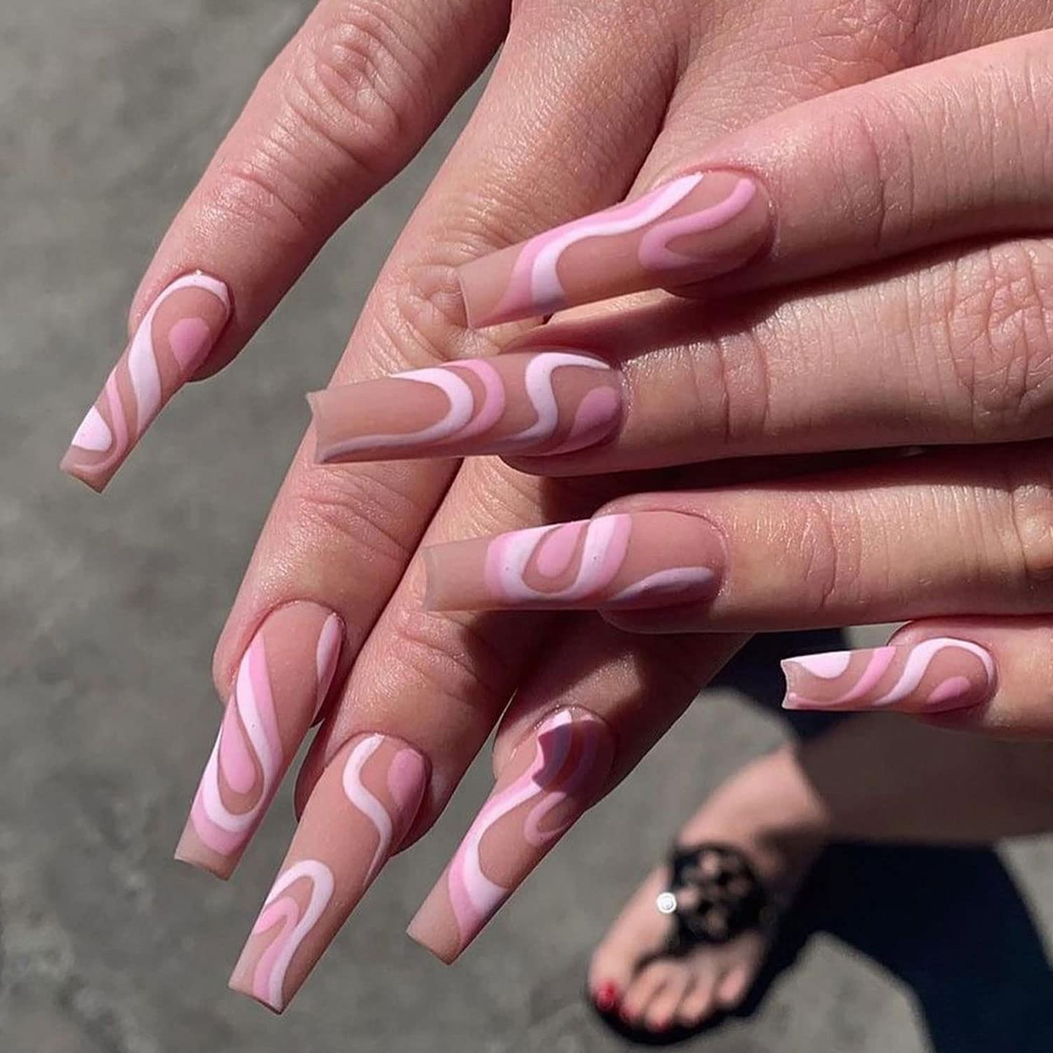 24Pcs Press on Nails Long Coffin Pink French Abstract Swirl Fake Nails