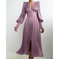 thumbnail image 2 of IROINNID Reduced Semi Formal Dress for Women Long Sleeve Empire Dress Solid Color Satin Soft Waist And Dress Satin V-Neck Slim Button Lantern Sleeve Dress,Purple, 2 of 6
