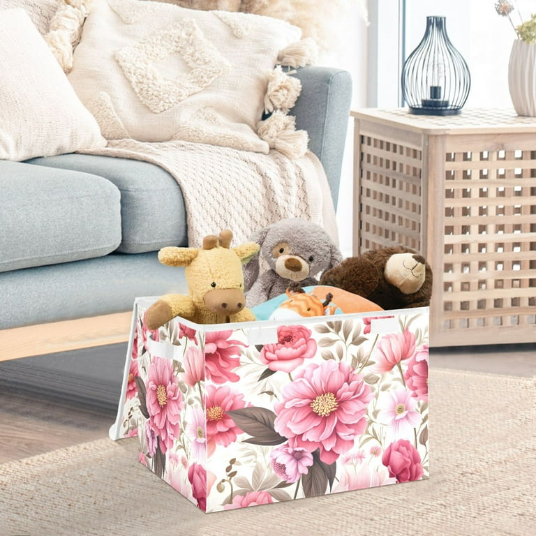 Pink Flowers Floral Print Large Lidded Bin Foldable Storage