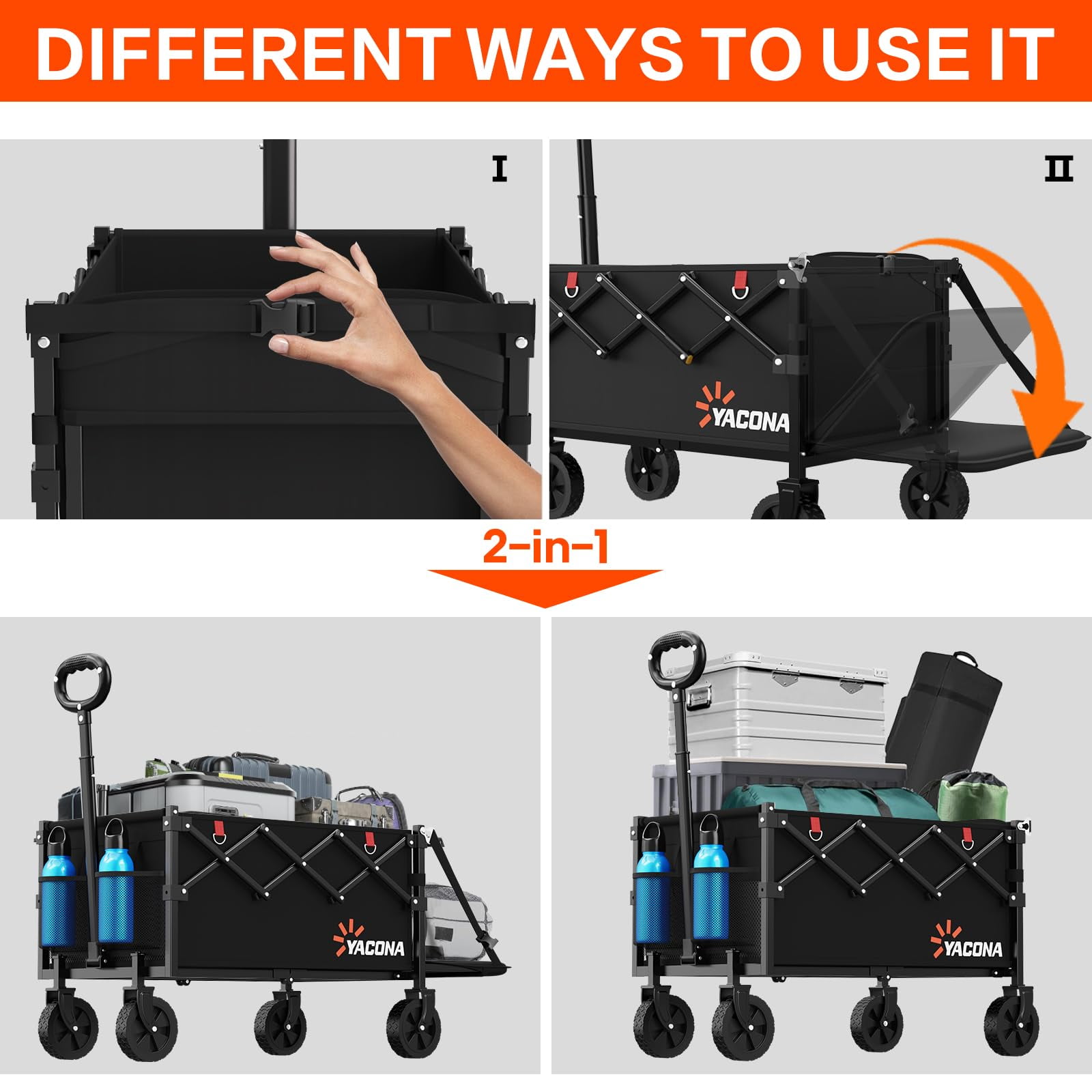 360lbs Wagons Carts Foldable with Tailgate, Heavy Duty Extra Long Beach Wagon, Adjustable Outdoor Collapsible Grocery Cart on Wheels, for Groceries, Sports, Garden, Beach, Shopping, Laundry, Black