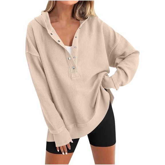 Craaazy Oversized Sweatshirts for Women Solid Color Hooded Button Long Sleeve Tops Gifts