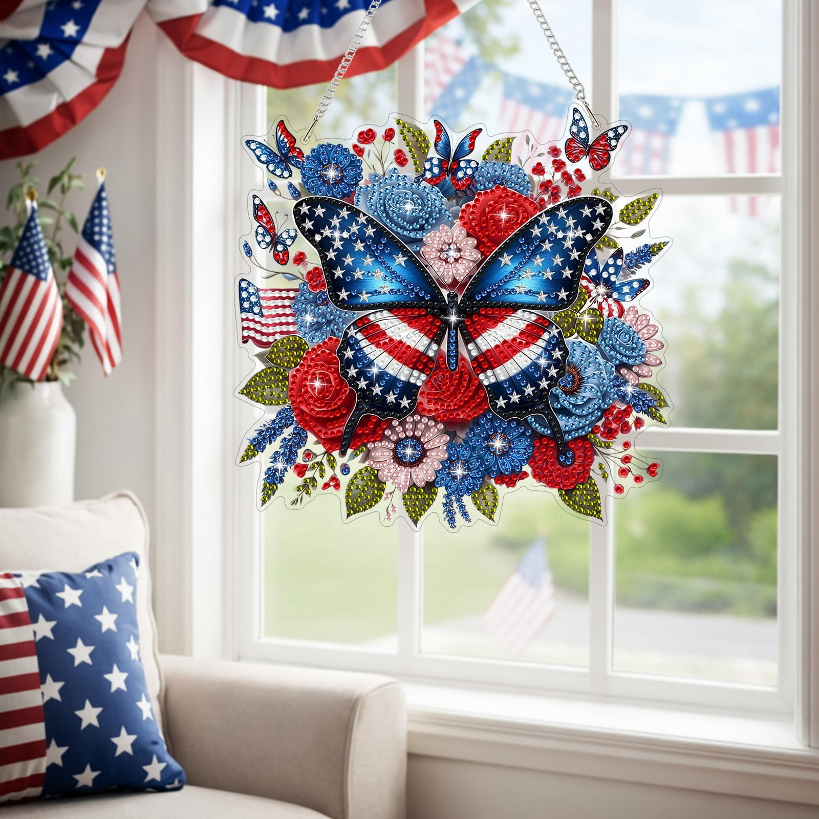 FLOPESN  DIY Diamond Art Kits, American Independence Day USA Butterfly Style, 8.27*8.27in Diamond Painting Pendant, Creative Design Wall Decor