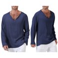 thumbnail image 3 of Sunloudy Men Long Sleeve T-Shirts Solid Color V-Neck Ethnic Style Tops Spring Fall Fashion Casual Loose Shirts, 3 of 6