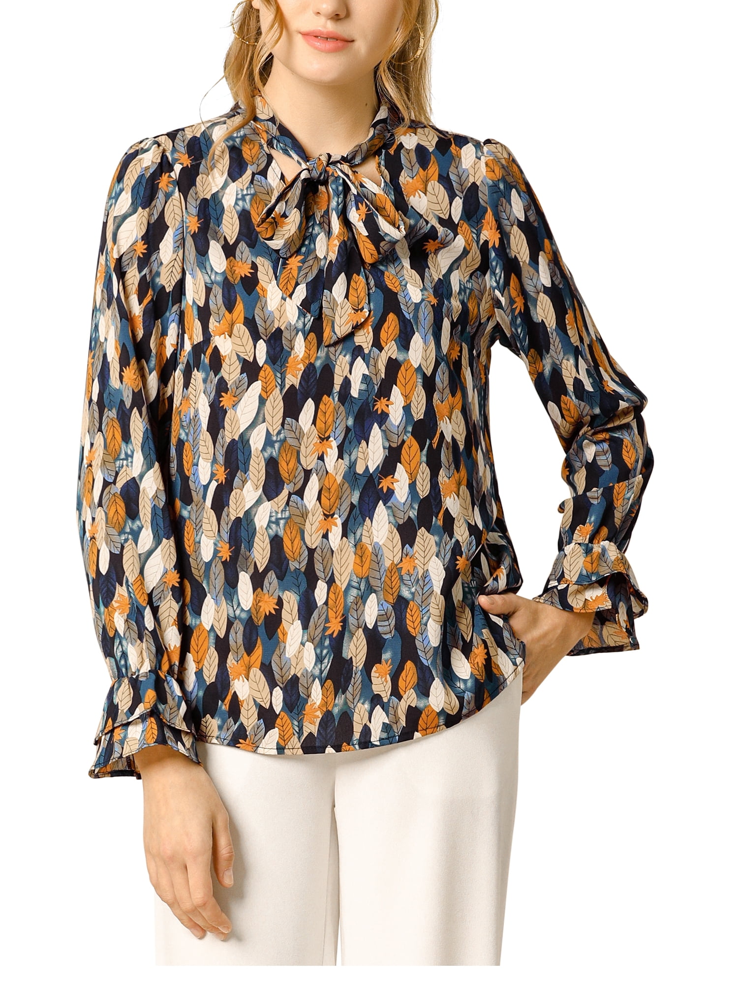 DARING DIVA Women's Tie V Neck Floral Shirt Trumpet Blouse M Blue Orange