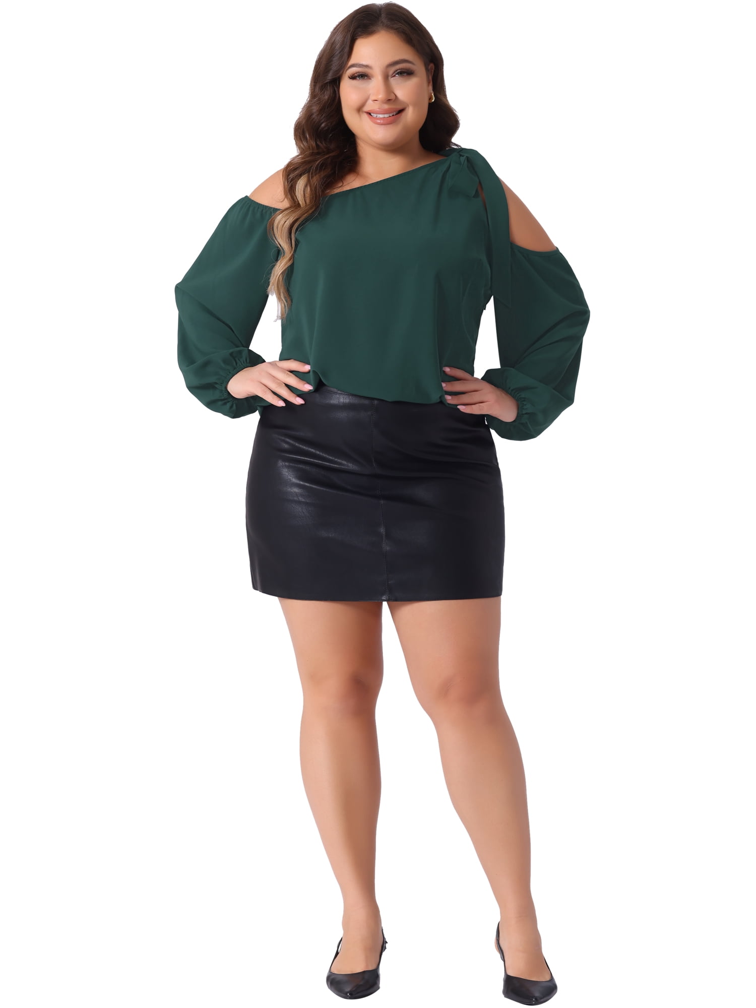 DARING DIVA Women's Plus Cold Shoulder Tie Long Sleeve Blouse 3X Dark Green