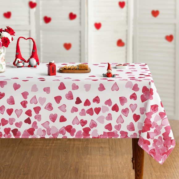 Valentine''s Day Tablecloth 60×104 Inch Rectangular, Watercolor Love Hearts Pink Colored Washable Table Cover for Party Picnic Dinner Decor