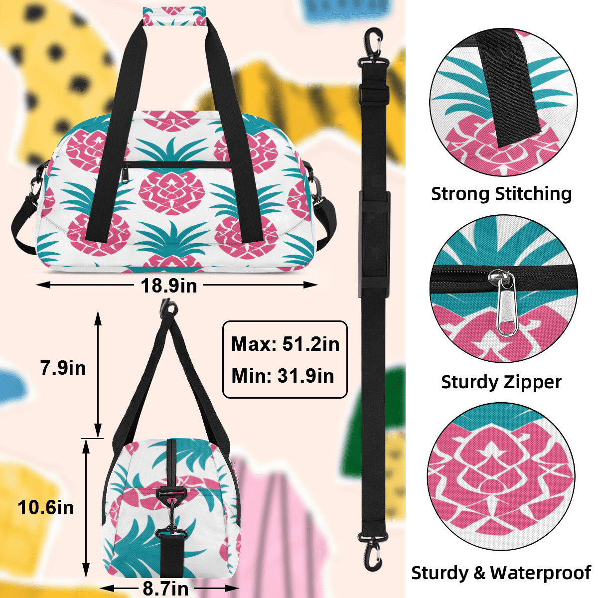Herdesigns Pineapple Sports Duffle Bag for Women & Men, Gym Bag Dance Bag Overnight Bag Carry On Weekender Travel Bag