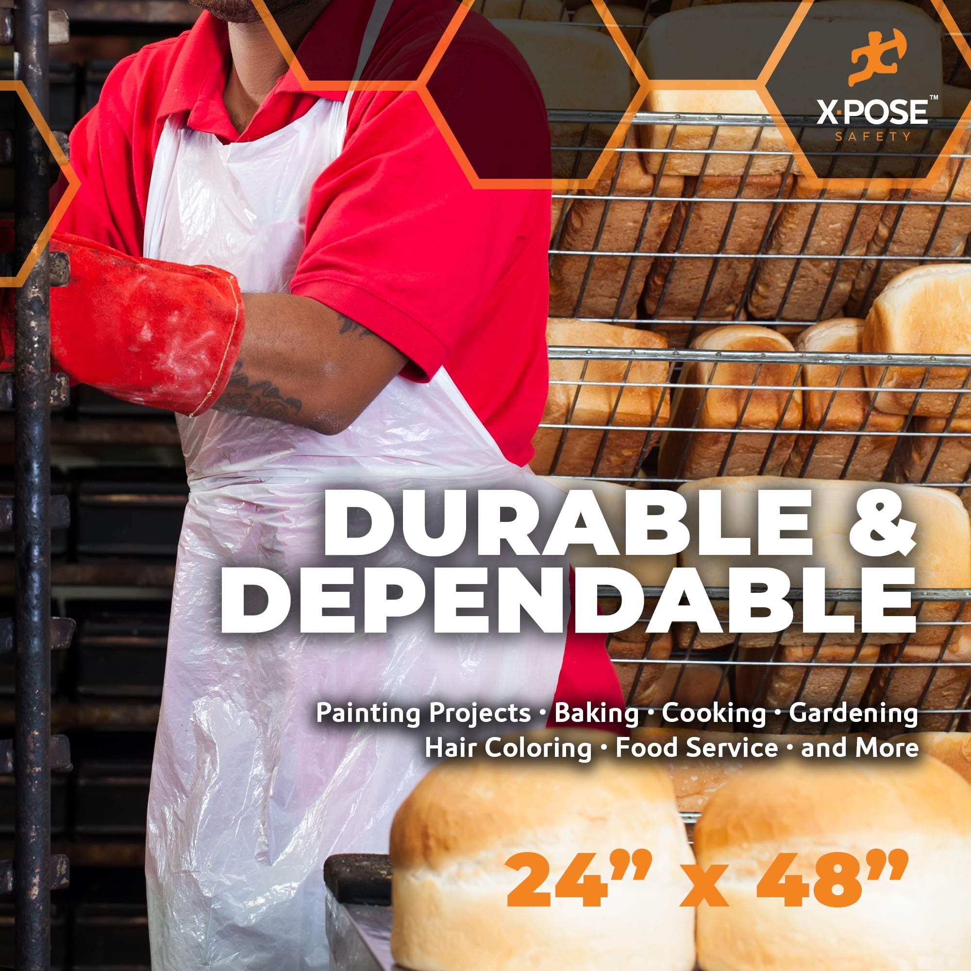 Xpose Safety 24 x 48 Inch Heavy Duty 4 Mil Thick Disposable Aprons for Adults & Kids - Waterproof Tear-Resistant White Plastic Aprons for Cooking Baking Cleaning Painting Paint Party, Bulk Box of 25