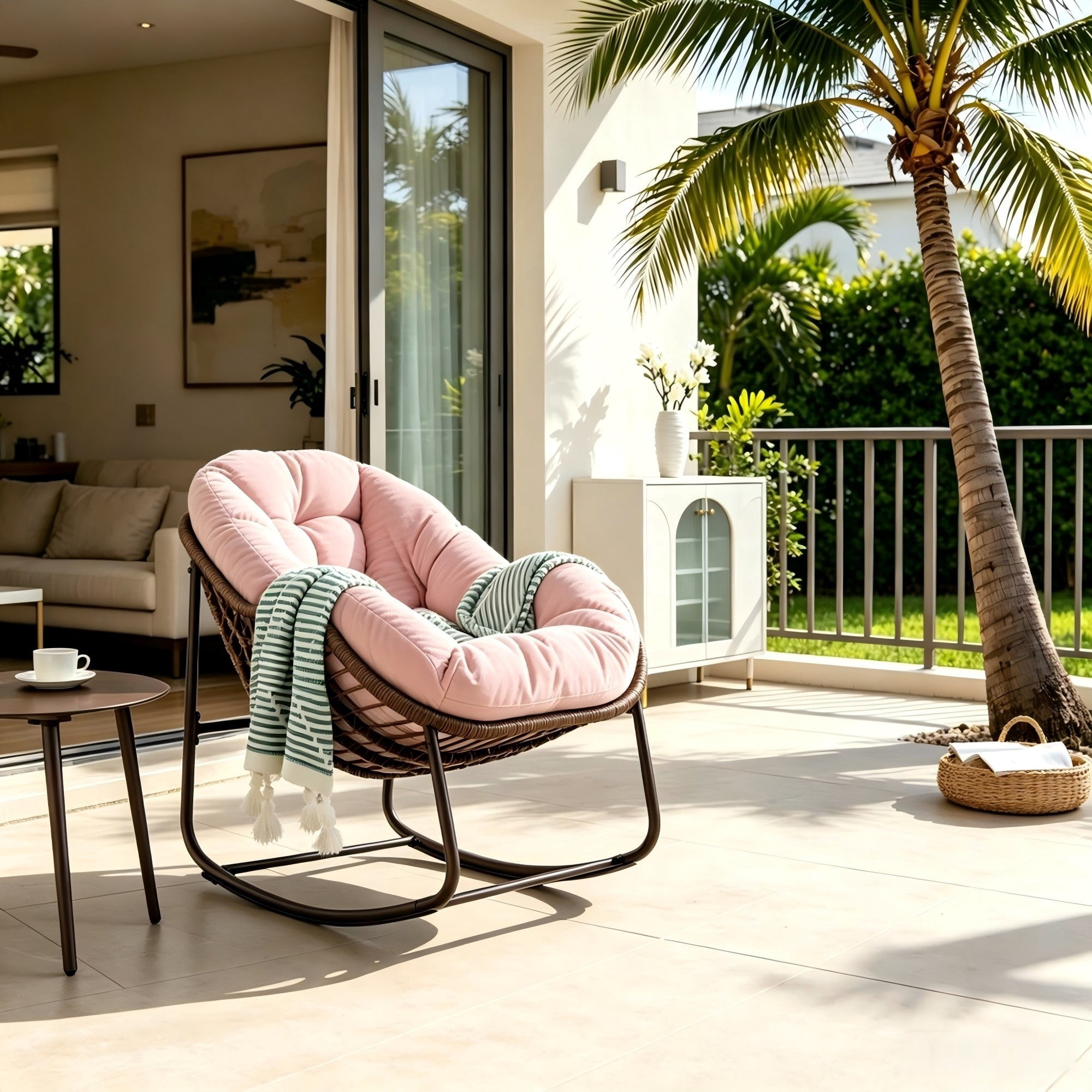 Sailvan Outdoor Rattan Rocking Chair,Oversized Wicker Egg Chair for Patio,Front Porch and Living Room Pink