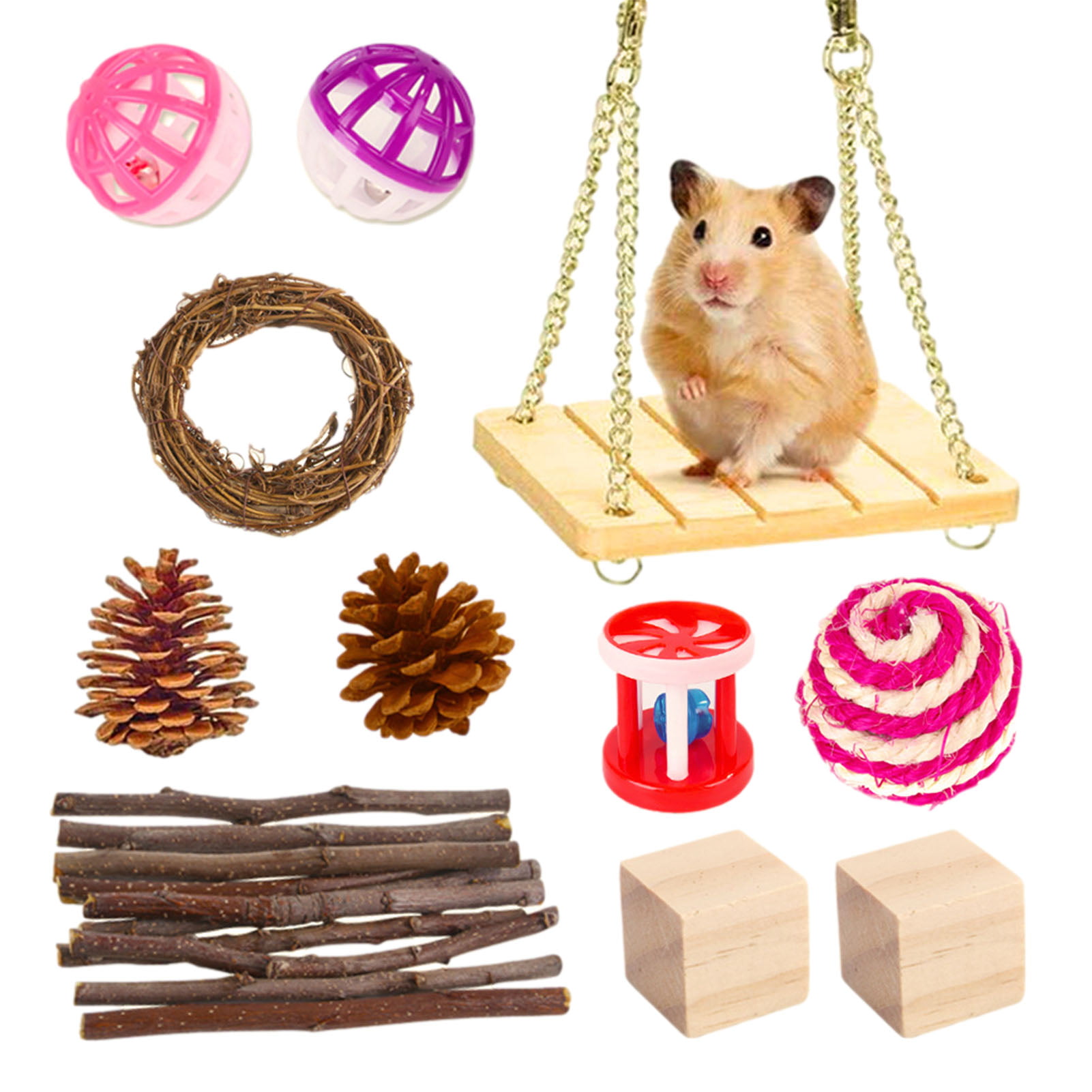 TIMESETL 14 Pack Hamster Chew Toys,Natural Wooden Pine Guinea Pigs Rats Chinchillas Toys Accessories,Dumbbells Exercise Bell Roller Teeth Care Molar Toy for Hamster Rabbits Gerbil Parrot