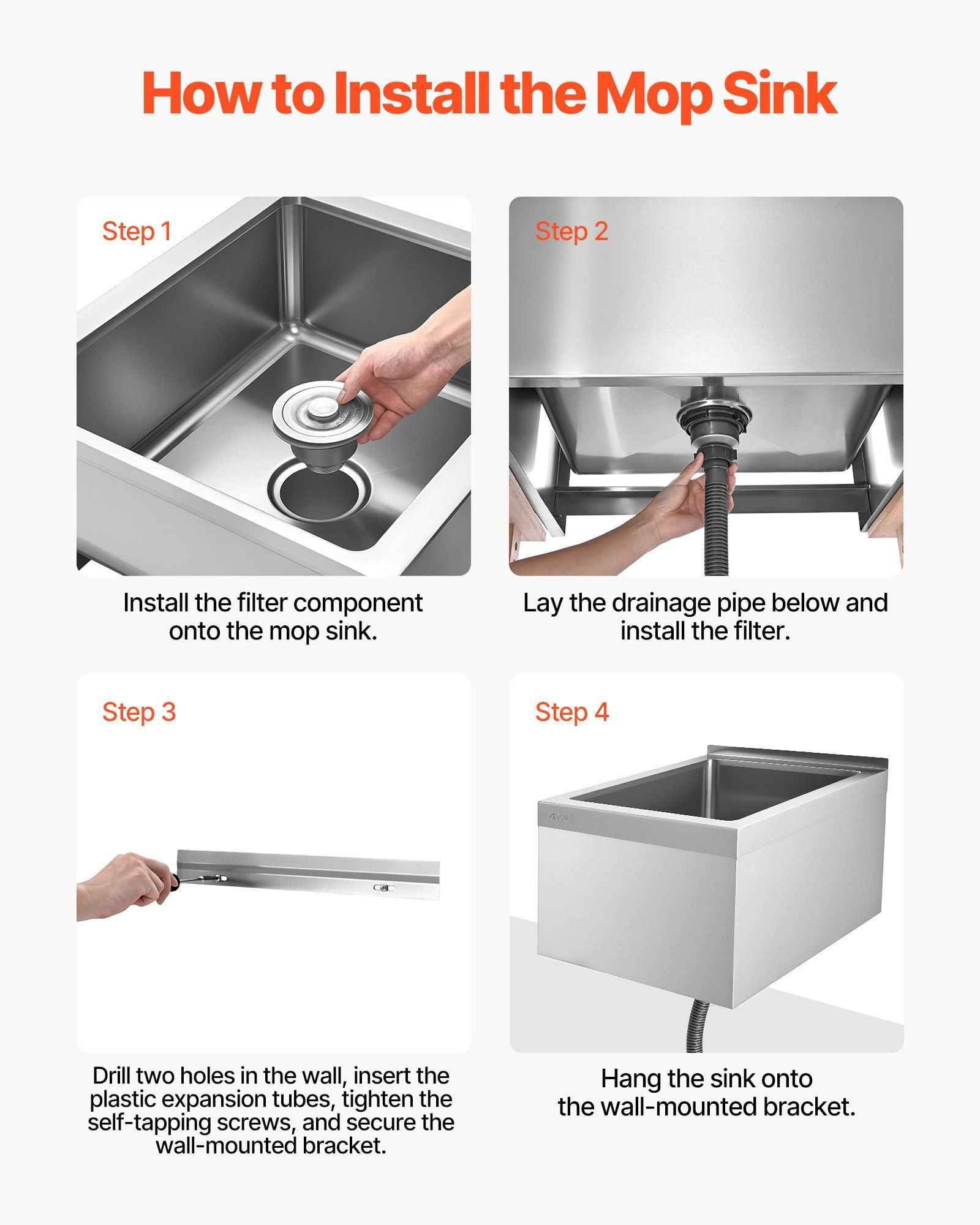 VEVOR Stainless Steel Floor Mop Sink, 22 x 19 x 12 in, 304 Stainless Steel, with Backsplash, 3-in-1 Filter and Wall-Mounted Bracket, X-Shaped Groove for Quick Drainage, for Balcony and Bathroom
