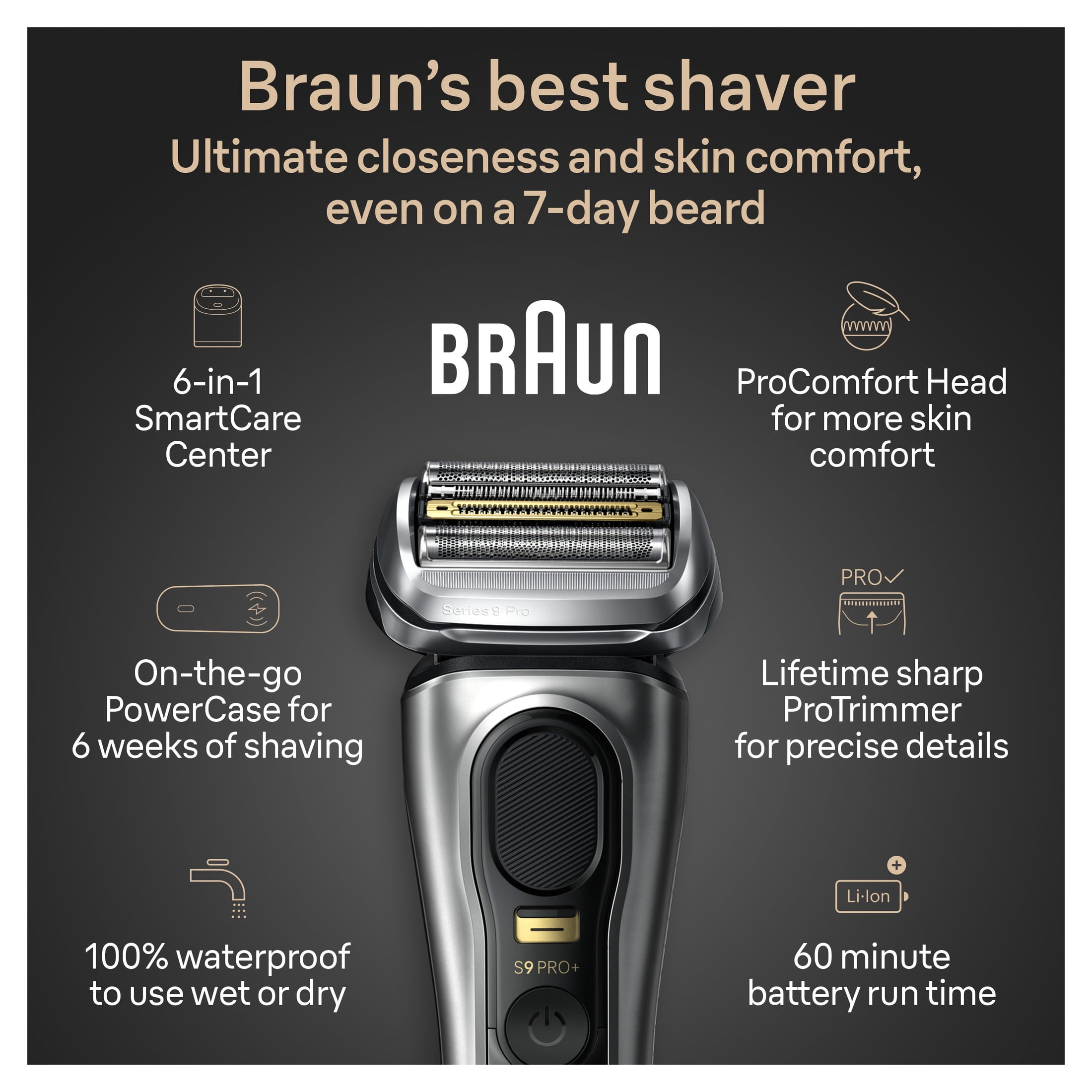 Braun Series 9 PRO+ Men's Face Electric Razor with Shaver Care Cartridge, Silver, 9599cc
