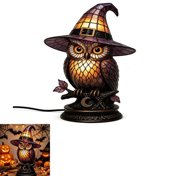Colored Glass Owl Resin Decorative Lamp, Gothic night light, USB Powered, Bedroom Bookshelf Decoration