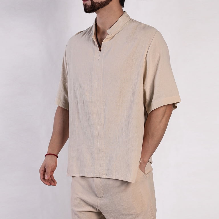 Men's Linen Shirt Short Sleeve Grandad Collar Collarless Henley Shirts Men  Solid Color Casual Summer Beach Holiday Button Down Tops Khaki XXL -  Walmart.com