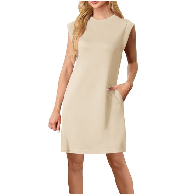 Besolor Robes d'Été pour Femmes Décontractées à Col Rond à Manches Courtes Élégantes Longueur Genou Robe Tenues de Vacances Voyage Robe avec Poches