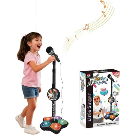 2026 New Microphone Toy for Kids – Karaoke Machine for Kids with Stand Flashing Stage Lights Adjustable Retractable Stand Retractable Headset Built-in Music & Colorful Lights with Echo Effects