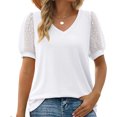 thumbnail image 3 of Summer Fashion Women's V-Neck Puff Sleeve Short Shirt - Pure Color Loose Fit Casual Blouse in White, Size M, 3 of 6