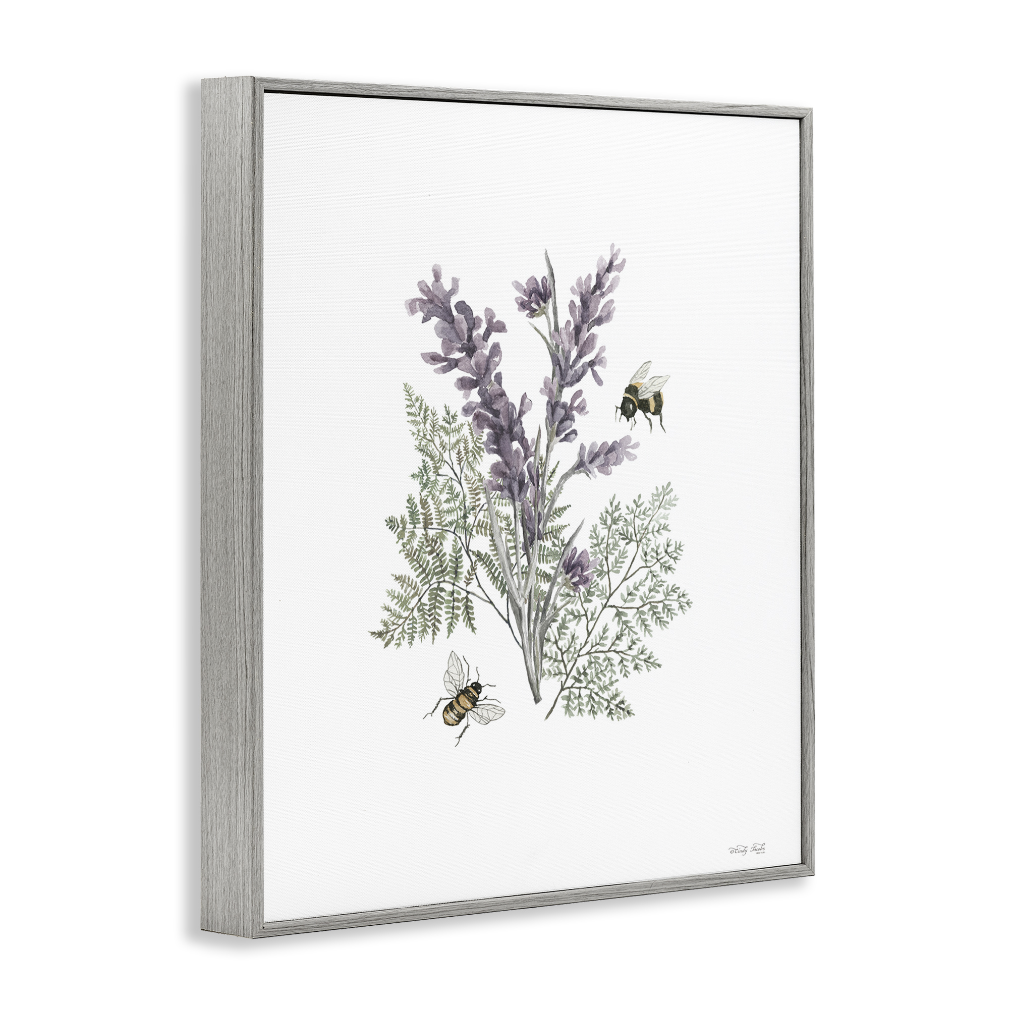 Stupell Industries Bumble Bees & Lavender Animals & Insects Painting Gray Framed Art Print Wall Art, 16 x 20