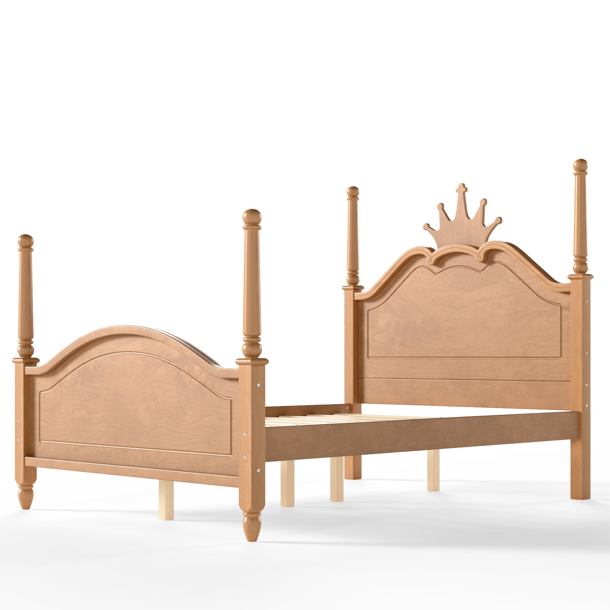 GARITIN Full Size Crown Shaped Platform Bed, Four Poster Wooden Bed Frame, Elegant Curved Headboard Bed Frame for Bedroom Guest Room, Natural