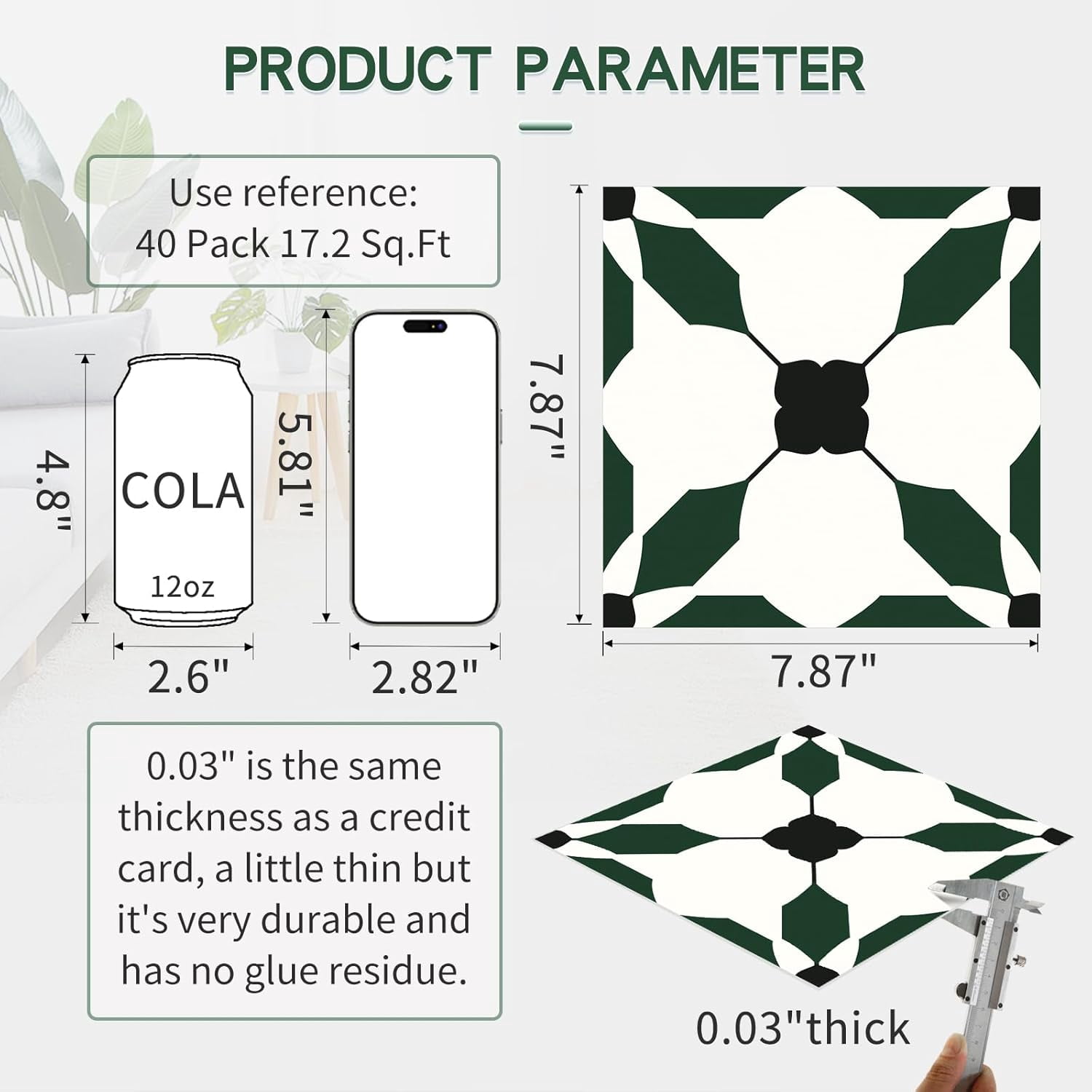 MORCART 7.87" x 7.87" Peel and Stick Floor Tile, 40 PCS Self-Adhesive DIY Vinyl Flooring for Renters, Removable and Waterproof Tile Sticker for Bathroom, Kitchen, Staircase(Black Green)