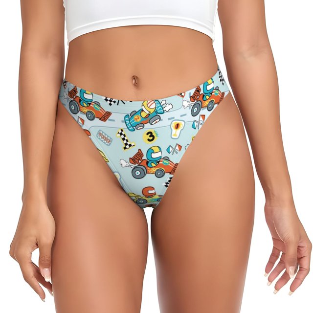 Balery Cartoon Car Racing Tangas de Algodón para Mujer con Estampado – Ropa Interior Sexy, Transpirable, G-string-Medium