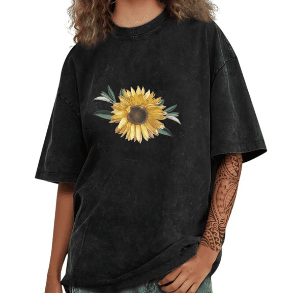 Black Washed Print Tshirt Graphic Tees Shirts Watercolor Sunflower Artistic Floral Print Casual Wear S-2XL Tops