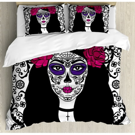 Black And White Skull Bedding Sugar Skull Duvet Cover Set, Girl with Sugar Skull Make Up Dia De Los Muertos Traditional Art Print, Decorative Bedding Set with Pillow Shams, Black White Pink, by Ambesonne ()