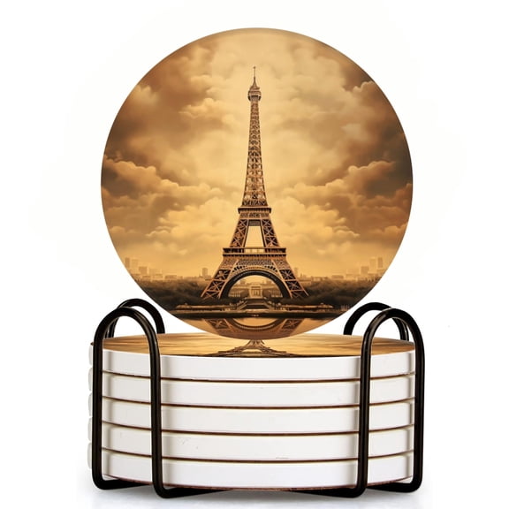 Bahomeck Drink Coasters Set Of 6 With Holder The Eiffel Tower With Vintage Feel And Soft Lighting Water Absorbent Ceramic Coasters Tabletop Protection,Suitable For Various Cup,Home Decor