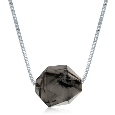 Green Rutilated Quartz Necklace - Sterling Silver Natural Balck Rutilated Gemstone Pendant 18