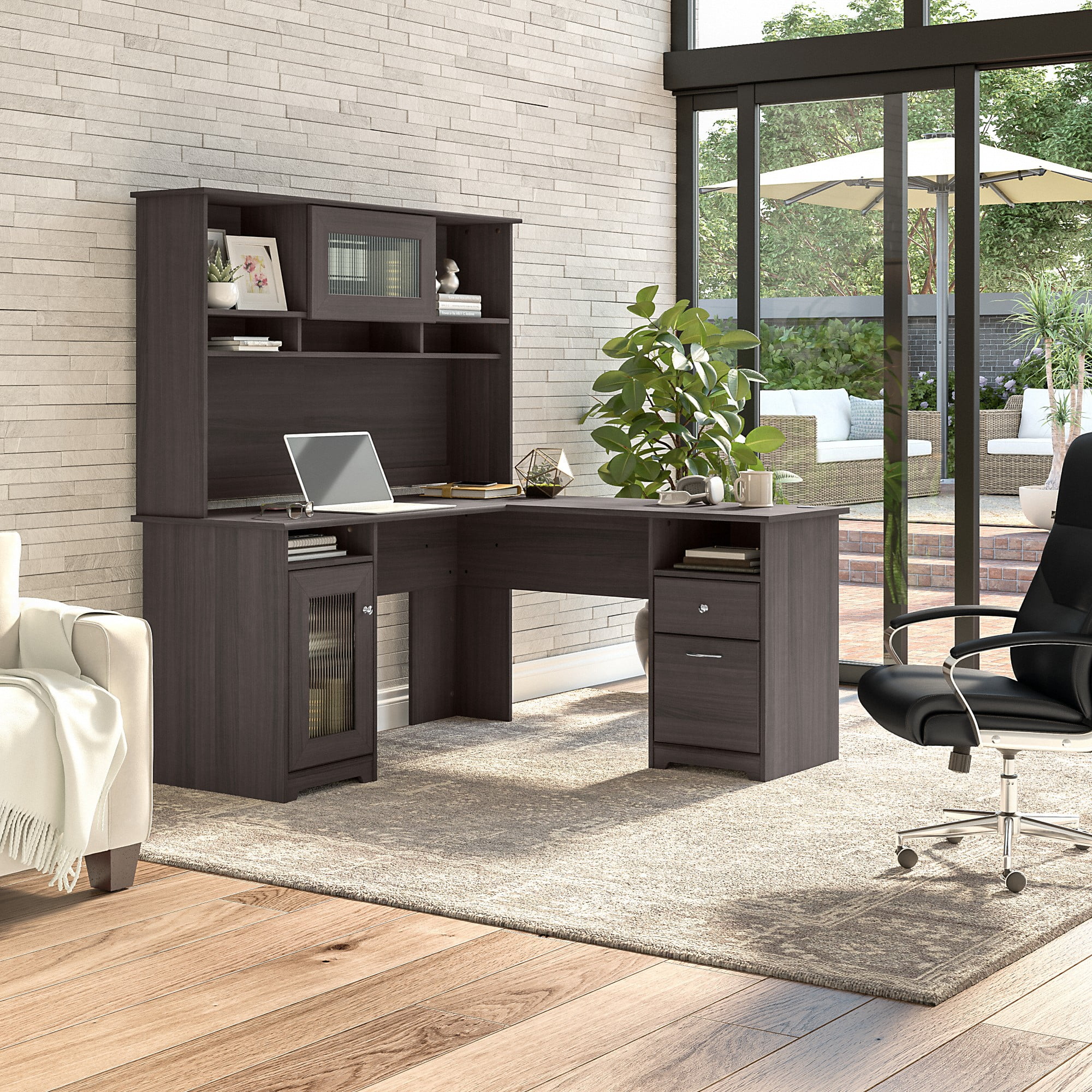Bush Furniture Cabot 60" L Desk and Hutch with Storage, Heather Gray