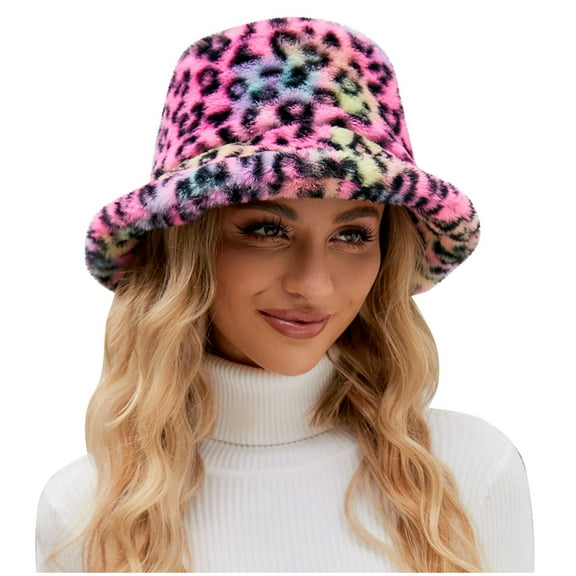 Winter Leopard Print Faux Fur Fuzzy Bucket Hat Fluffy Warm Hat for Women Men Furry Fisherman Cap for Casual, Trips, Sports, Skiing