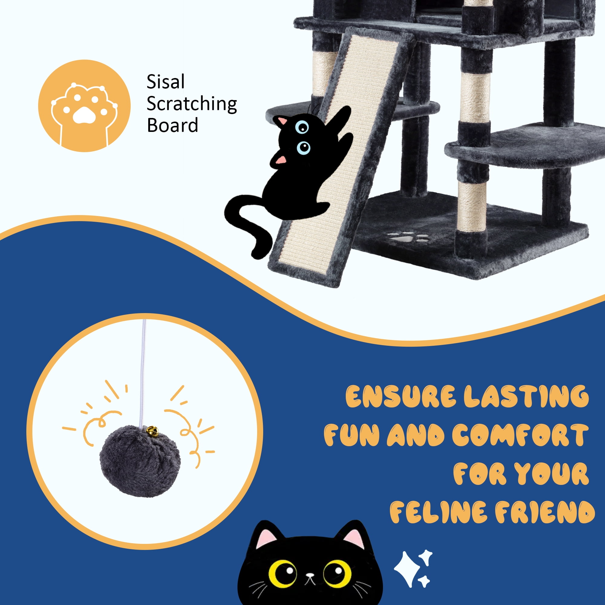 Allewie 68" Multi-Level Large Cat Tree and Tower with Cat Condo House, Scratching Posts & Board, Dark Blue
