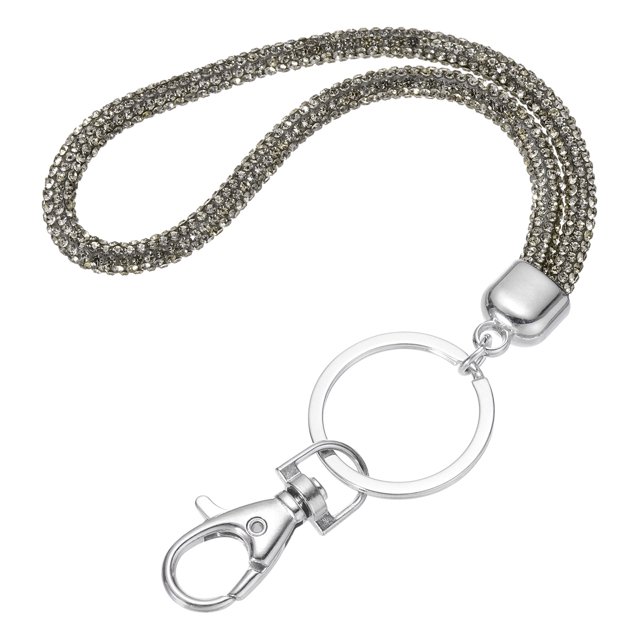 Correa de cristal brillante, 30 cm (11.8") correa de muñeca para teléfono con gancho de metal y llavero para tarjeta de identificación de mujeres, gris