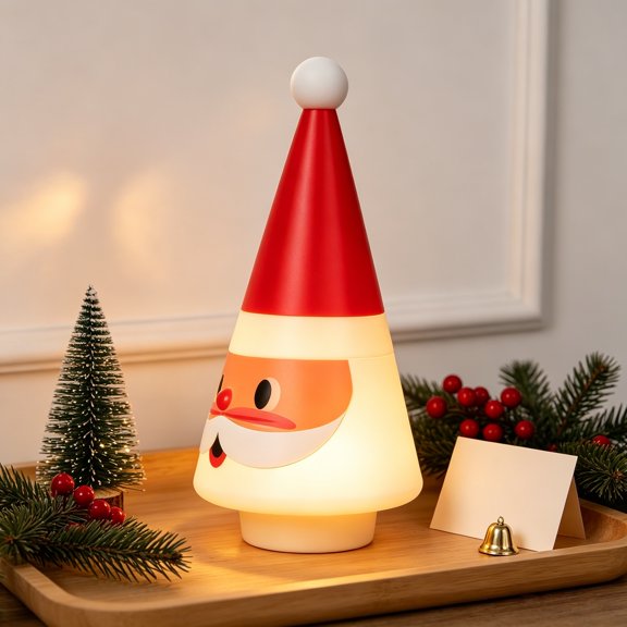 Conical Santa Claus Tabletop Decoration, Lighted Santa Figurine with White Hat, Christmas Tree Shaped Resin Holiday Decor for Mantel, Tiered Tray, Shelf and Office Desk