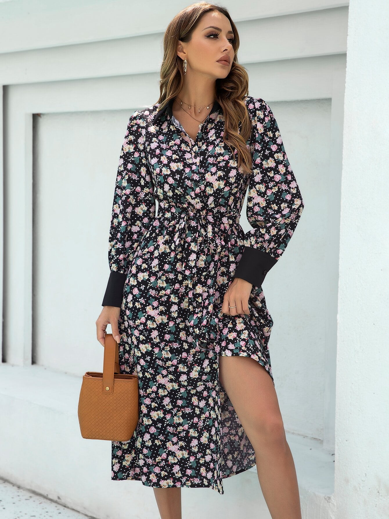 Women's Allover Floral Print Button 