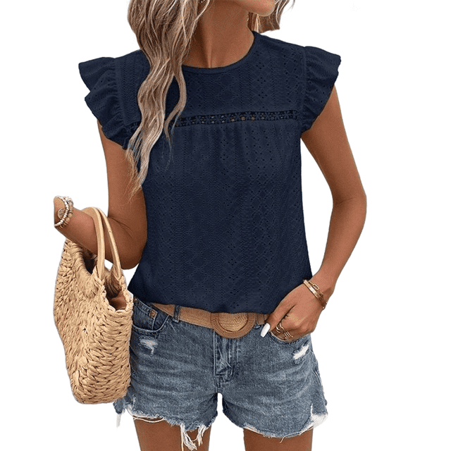 Top de Cuello Redondo y Mangas para Mujer, Azul Marino, Talla XL
