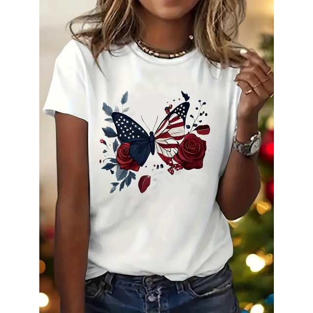 Women'S white T-shirt Patriotic Eagle and Flag Print T Shirt High Quality Casual Short Sleeves Round Neck Comfortable Classic Fit Gift Suitable for Daily Wear 220g