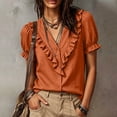 thumbnail image 3 of Cilsoka Women's Ruffle Trim Button Down Shirts Summer V Neck Puff Sleeve Cotton Linen Tops Casual Loose Fit Solid Blouse, 3 of 6