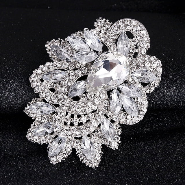 Broche de lágrima de flor elegante de cristal austriaco azul vintage para mujer tono dorado