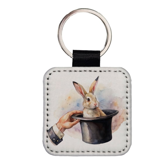 Rabbit Being Pulled Out Of A Magician's Hat Faux Leather Square Keychain