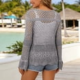 thumbnail image 4 of JIAYUE Women's Swimsuit Cover-Ups Solid Color Long Sleeve V Neck Lace Up Knit Scalloped Beach Hollow Cardigan Comfortable Swimwear Cover Up Top, 4 of 6