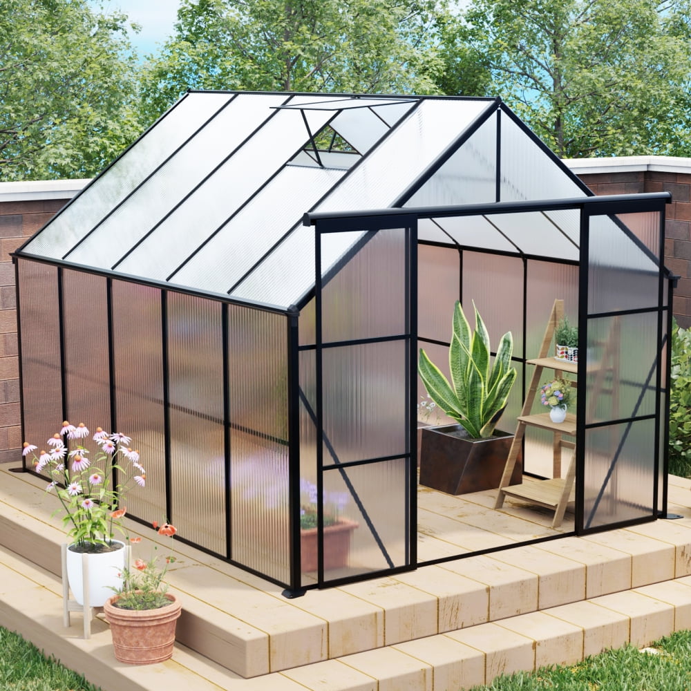8x10FT Double Door Polycarbonate Greenhouse - Heavy-Duty Walk-In Design with Raised Base and Anchors. Perfect for Year-Round Gardening in Your Backyard. Stylish Black Finish for Every Season
