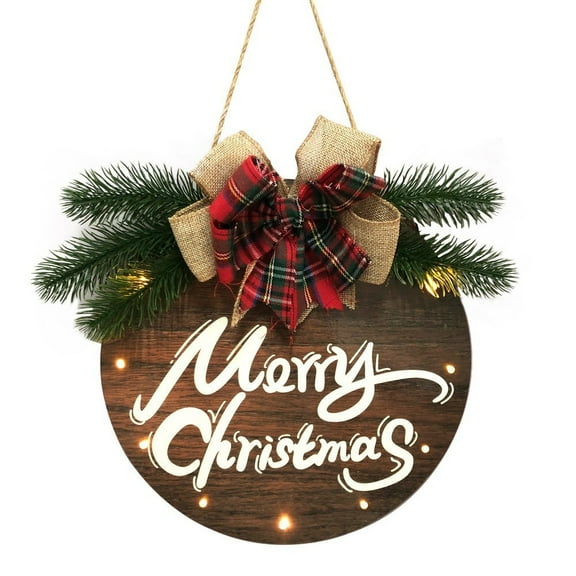 Artificial Christmas Garlands for Front Door Decorations, 11.81" Wooden Brown Plaid with Bow Norfolk Pine Red Berry Ornaments, Wreaths for Porch Yard Garden Party Supplies
