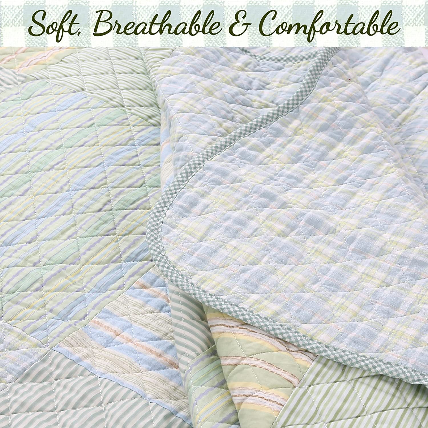 Cozy Line Home Fashions Cozy Line Square Patchwork Plaid Stripes Blue Green Cotton 3-Piece Reversible Quilt Bedding Set King