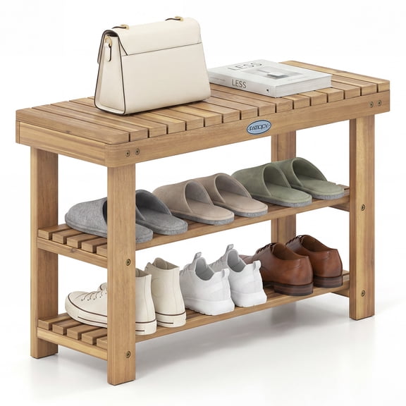 Costway 3-Tier Solid Wood Shoe Rack Bench Free Standing Shoe Organizer with Slatted Shelves