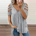 thumbnail image 2 of Holzkary Women Cold Shoulder Tops Summer Short Sleeve Shirt Zipper V-Neck Tee Casual Loose Fitting Solid Color Tunic Top Heart Print V Neck Zipper Strap Cold Shoulder Shirt Blouse Loose Top Grey Xl, 2 of 5